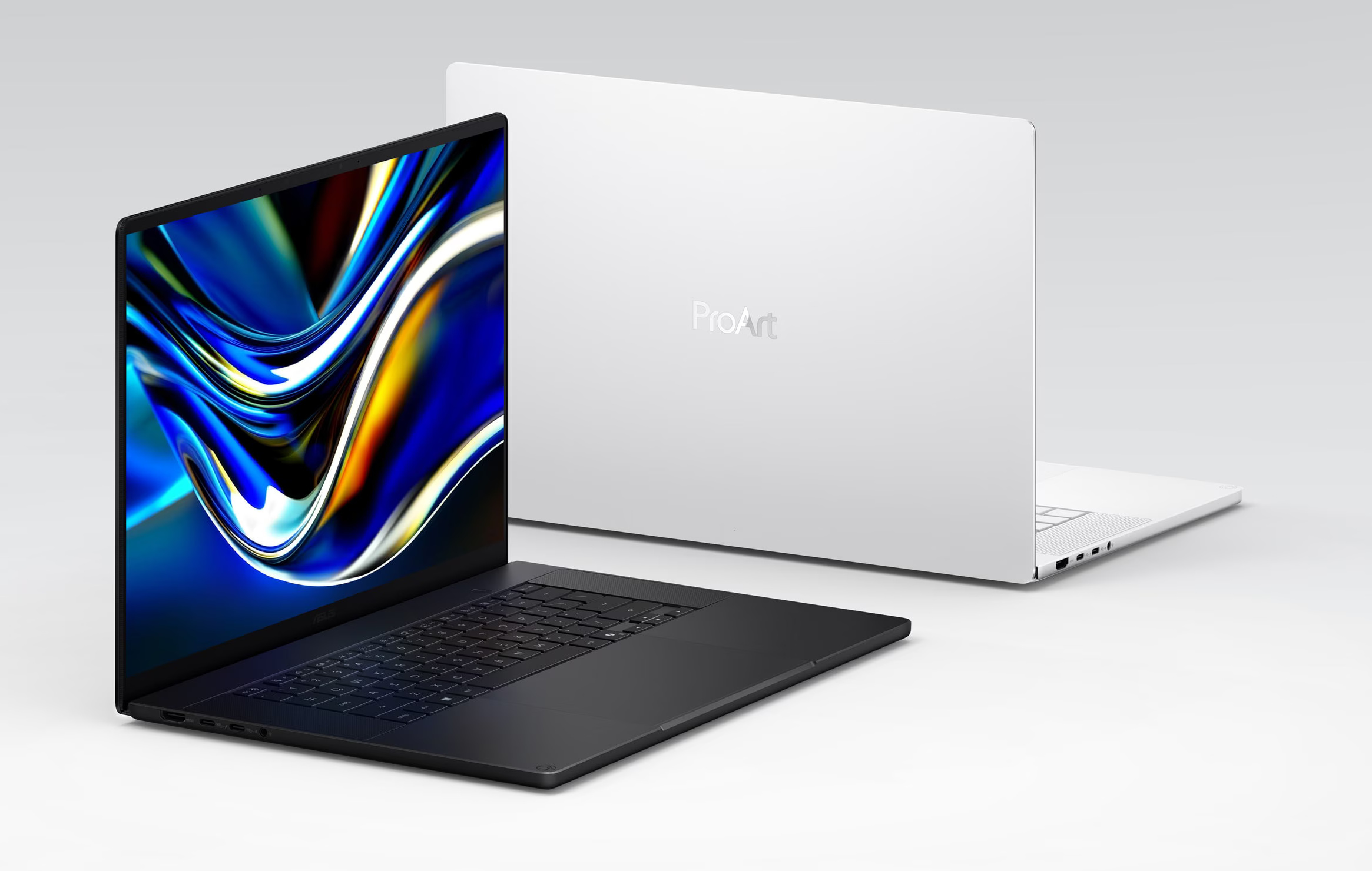 ASUS ProArt P16 in Nano Black and Neo White, front and rear views