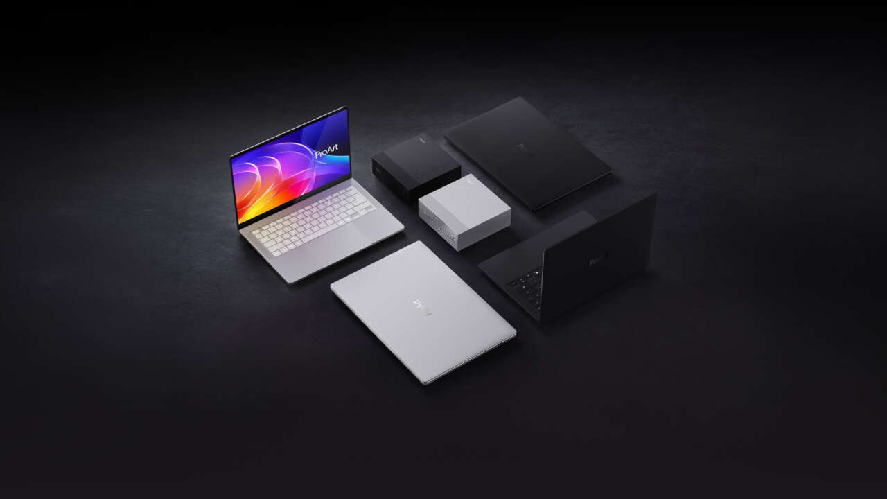 ASUS ProArt RTX Spark laptops and GR1X mini PCs arranged on a dark surface