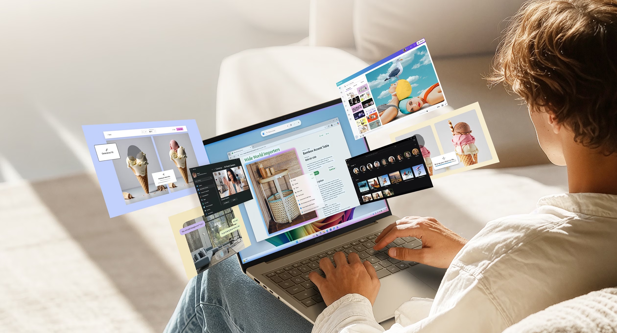 ASUS illustrates a multi-app workload on a Zenbook 14. The US retail models covered here come in Arctic Blue rather than the lighter finish shown. Image: ASUS.