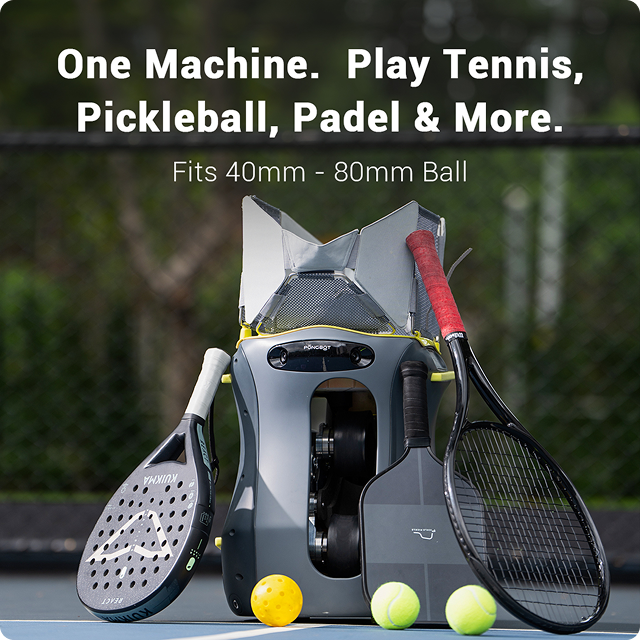 Pongbot Aura shown with tennis, pickleball and padel equipment