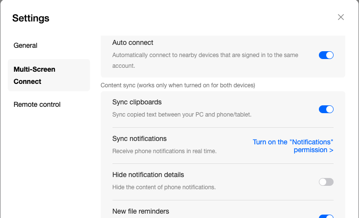 Auto connect and clipboard sync are switched on. Notification syncing still asks for permission, and Hide notification details is off.