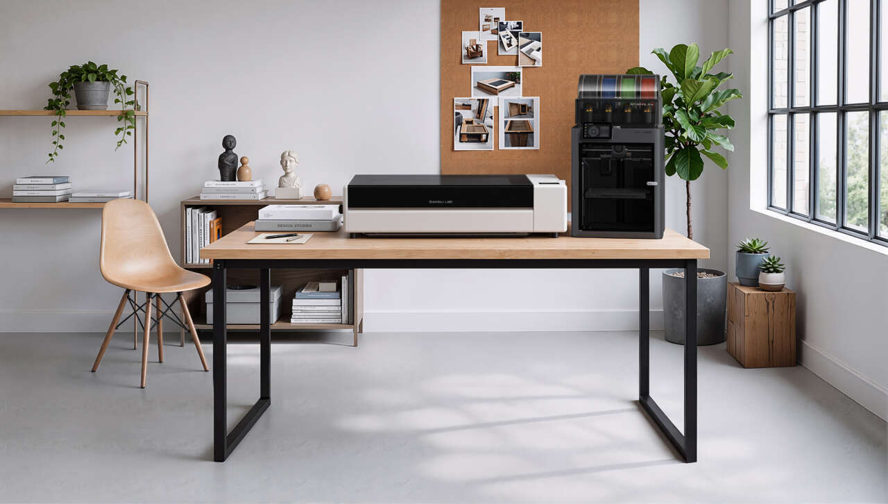 Bambu Lab R1 laser cutter and separate X2D printer on a workshop bench