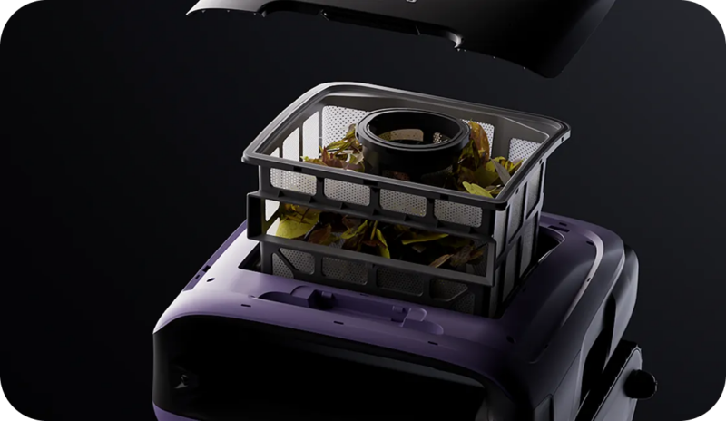 Sora 70 basket illustration showing captured leaves and the removable basket. Lavender Purple shown.