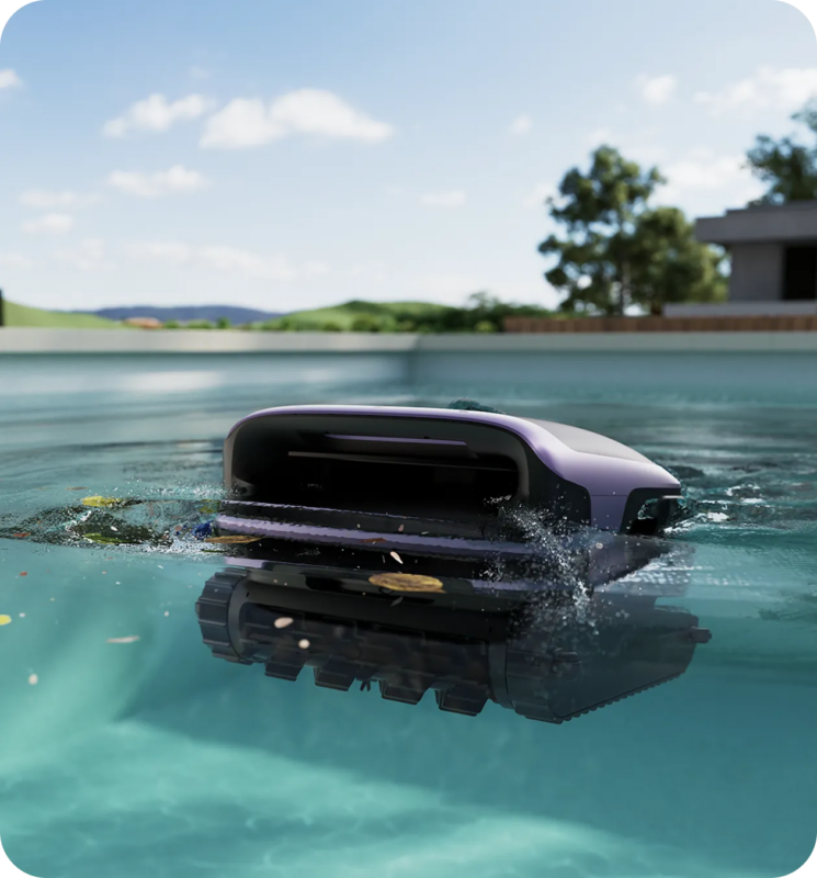 Sora 70 surface-cleaning illustration with floating leaves. Lavender Purple shown.