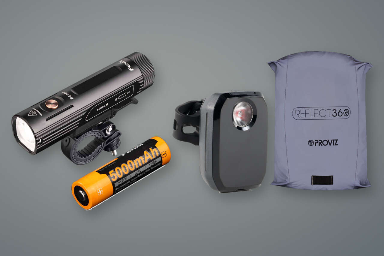 Fenix BC26R bike light, Trek CarBack rear radar light, and Proviz REFLECT360 backpack cover.