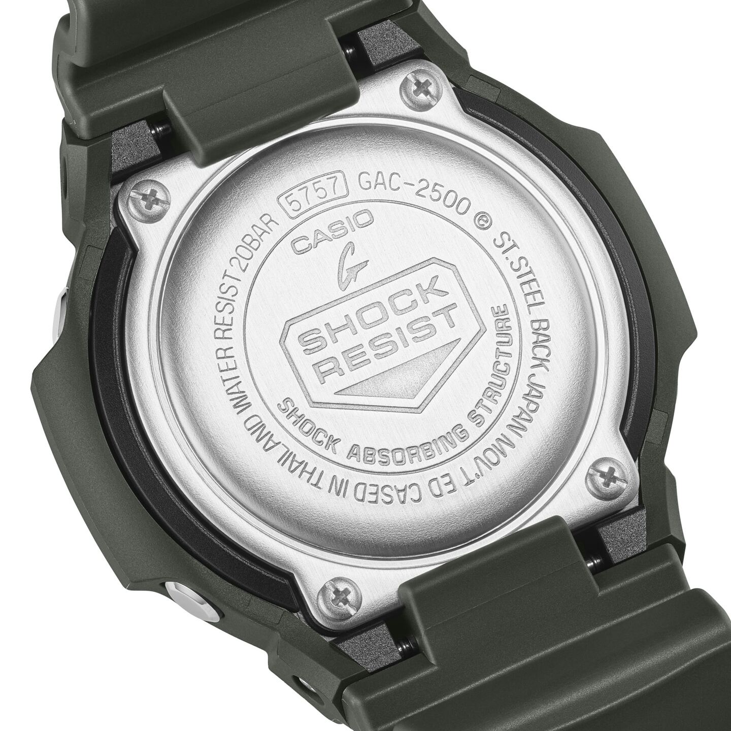 Rear view of the green GAC-2500-3A case and strap.