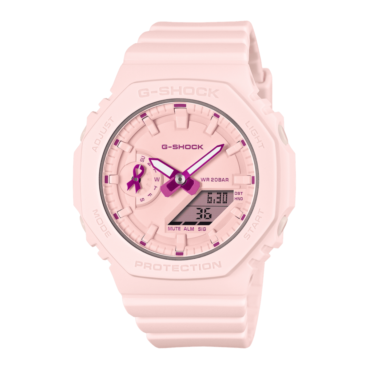 Front of the GMA-S2100PR-4A showing its ribbon-shaped day indicator at 9 o’clock
