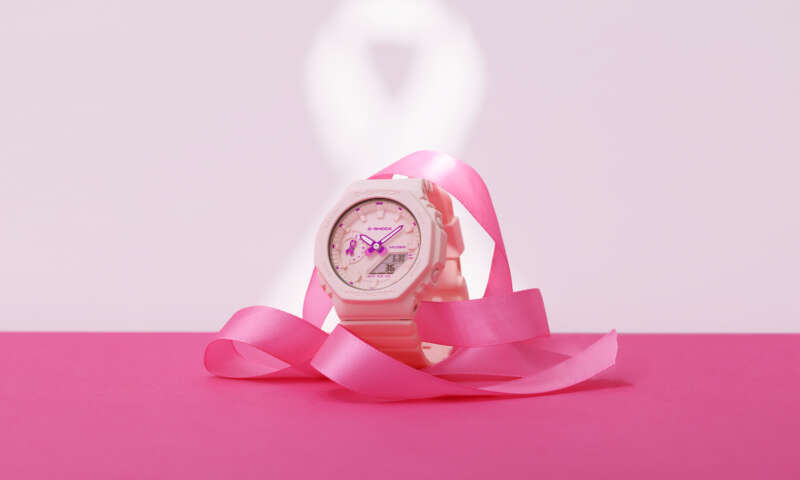 Casio G-Shock GMA-S2100PR-4A pastel-pink watch surrounded by a pink ribbon