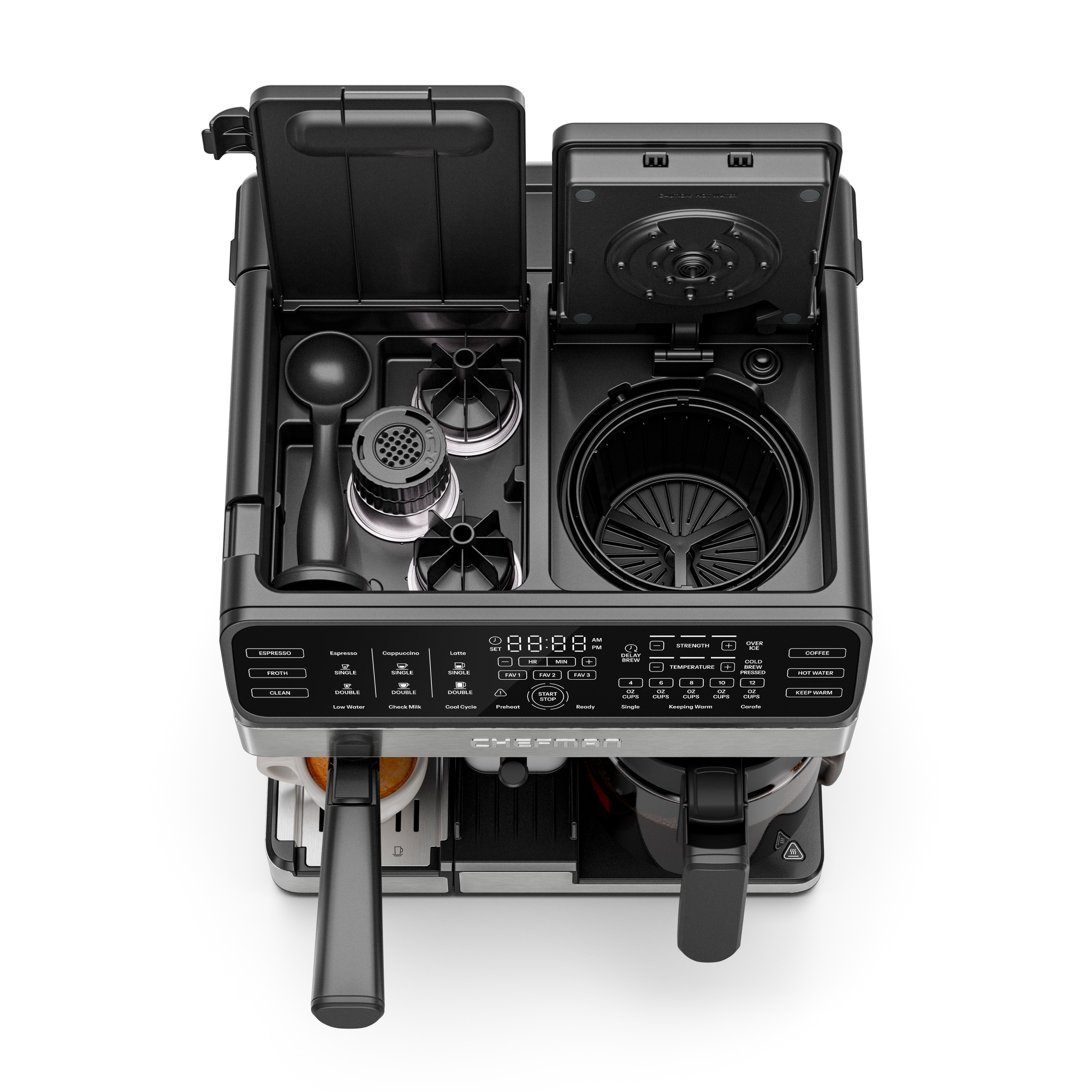 Overhead view of Chefman Coffee Station Pro brewing compartments and accessory storage