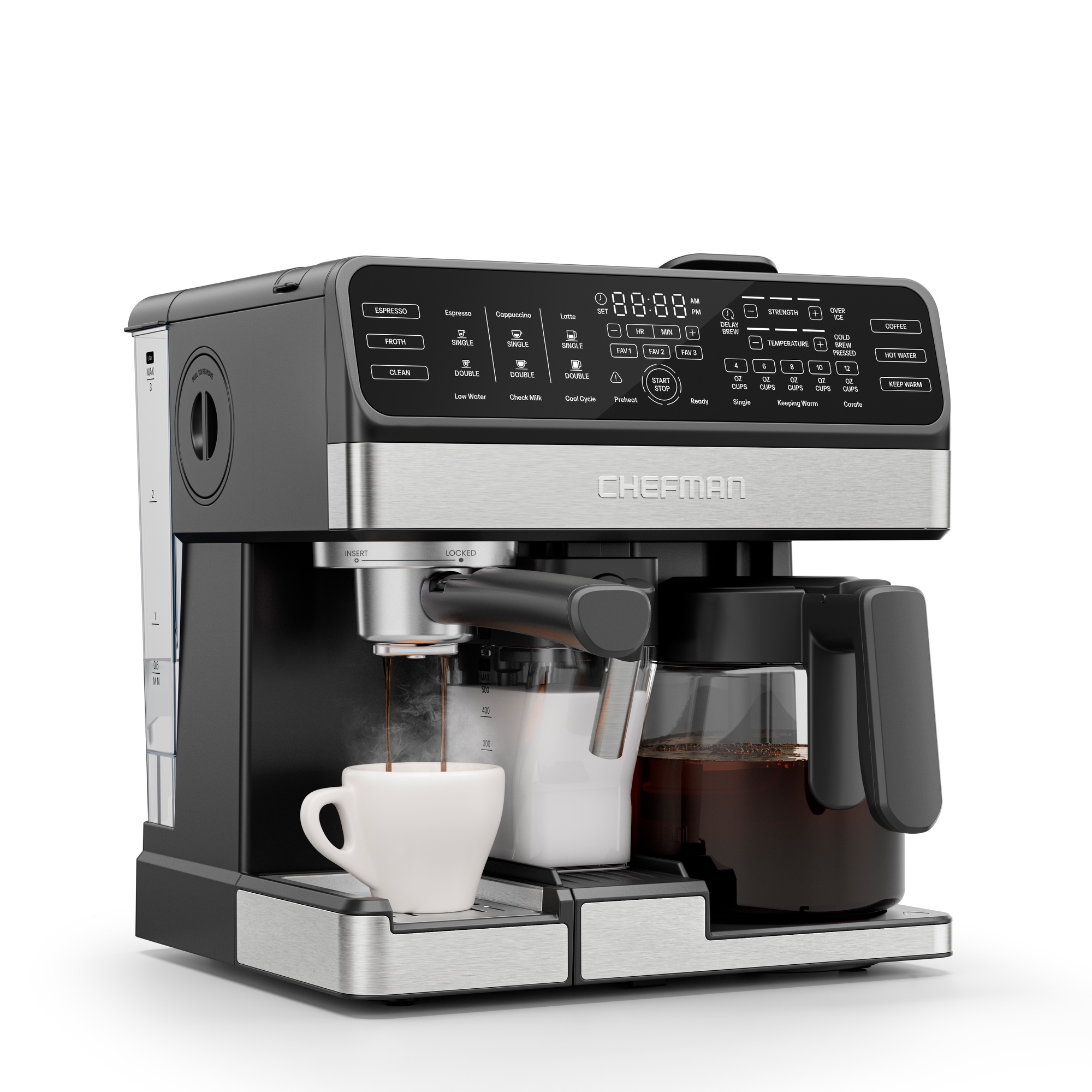 Chefman Coffee Station Pro espresso side and glass coffee carafe