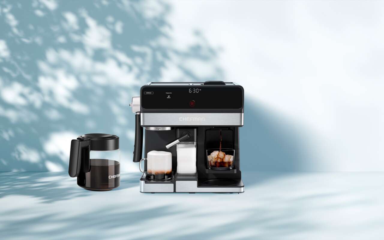 Chefman Coffee Station Pro with glass coffee carafe, latte and iced coffee