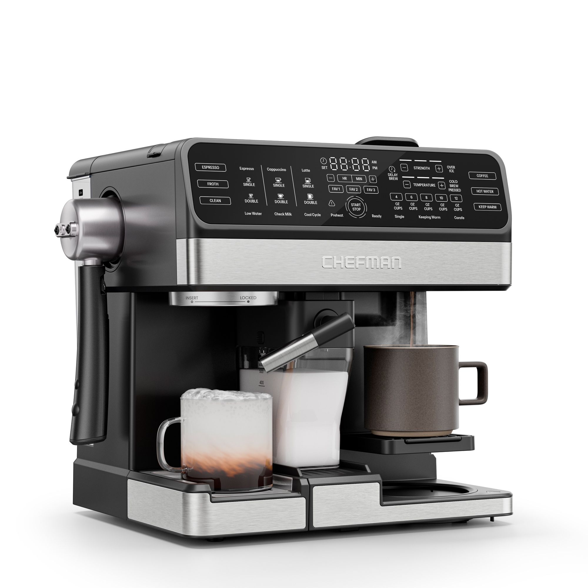 Chefman Coffee Station Pro front controls and removable milk reservoir