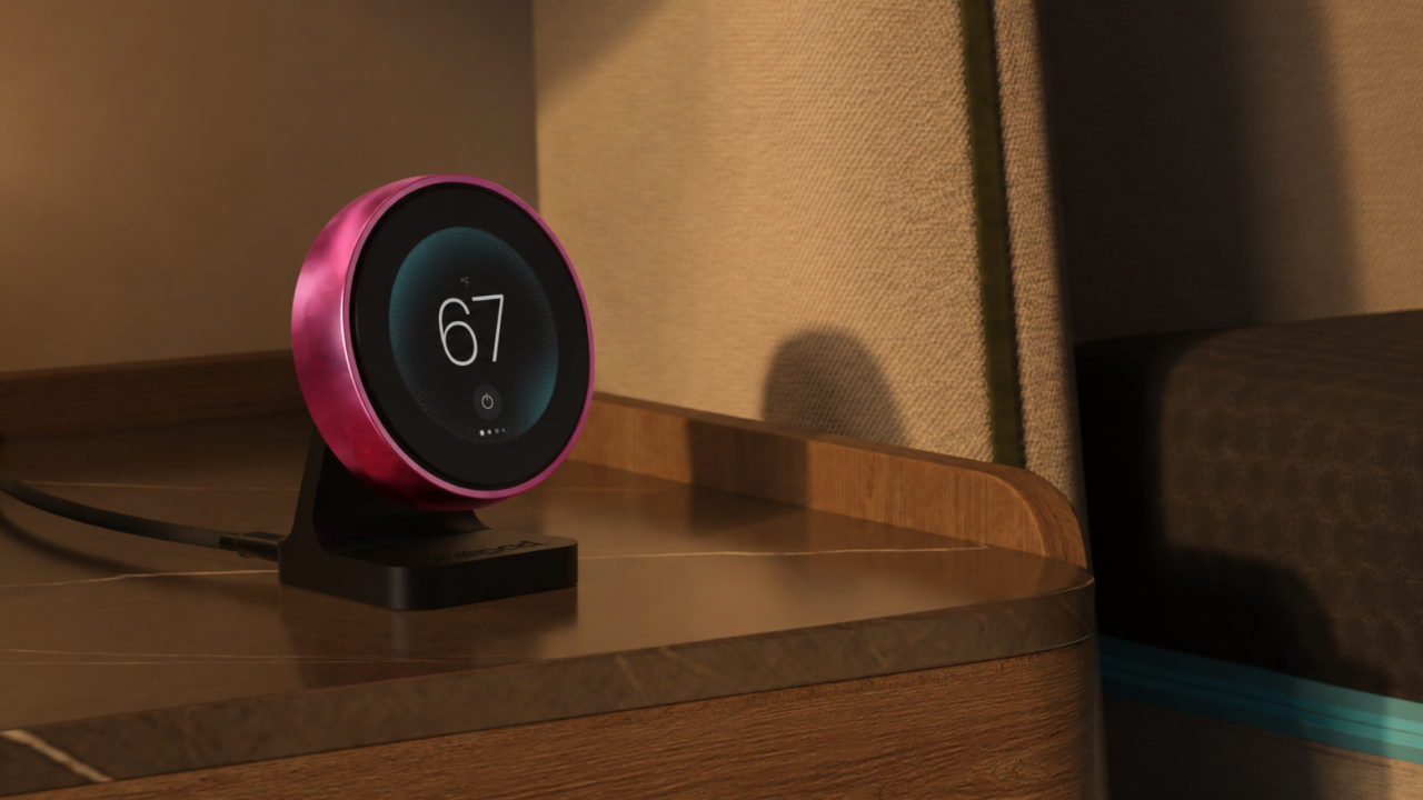 Chilipad 2.0 remote with pink accessory ring on a nightstand