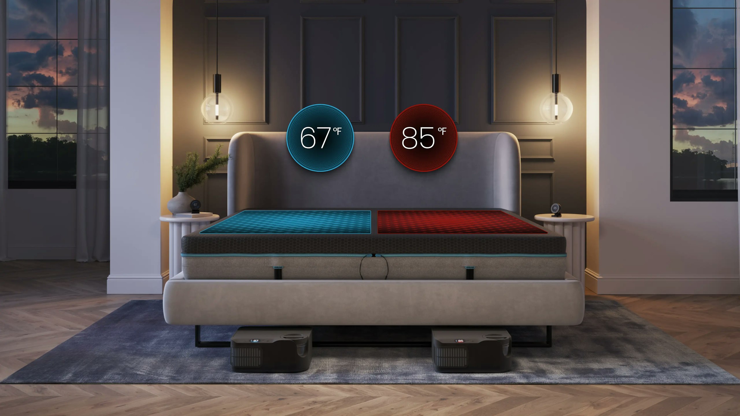 Chilipad 2.0 two-sleeper system with two docks and separate cool and warm zones