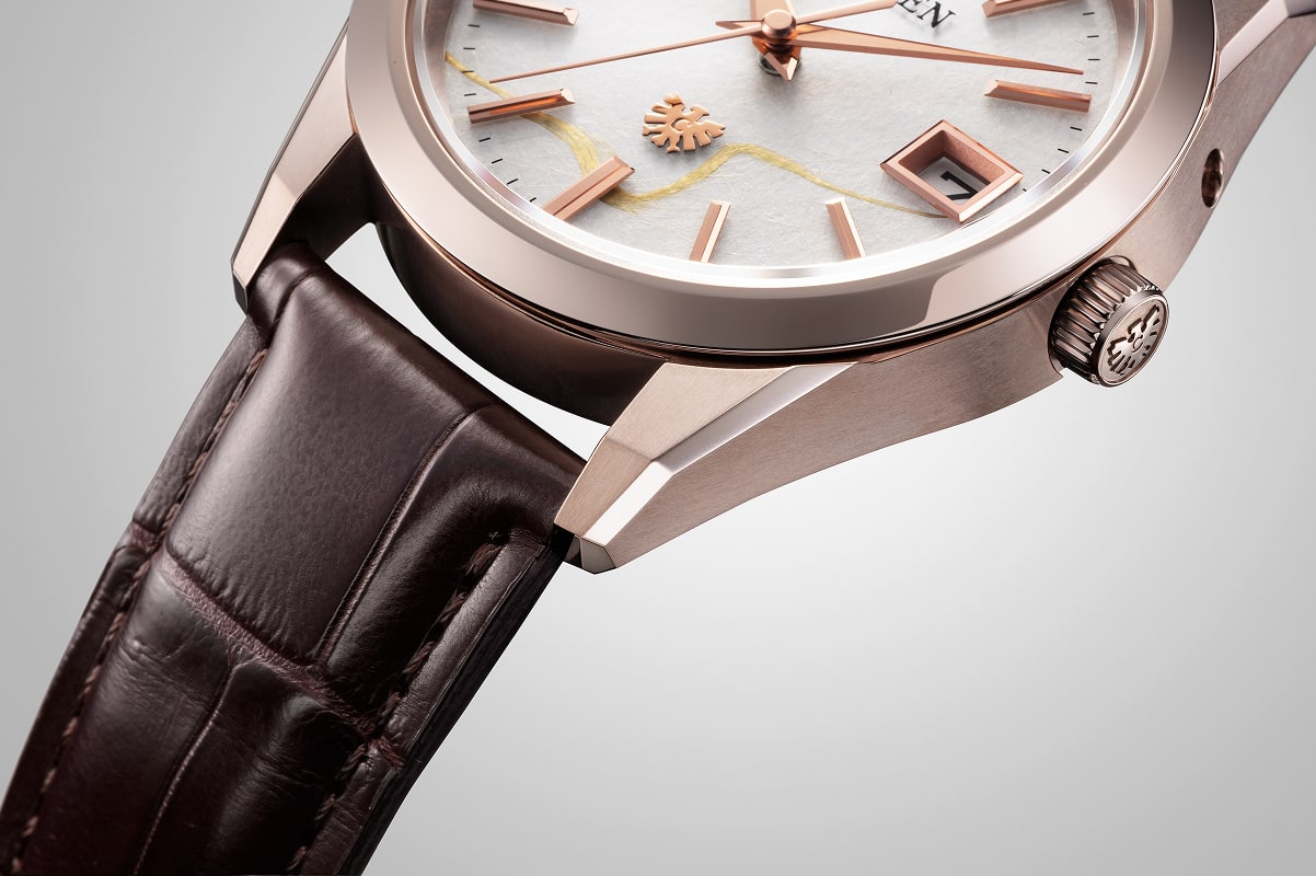 AQ4106-00B Sakura Pink case, crown and brown crocodile leather strap
