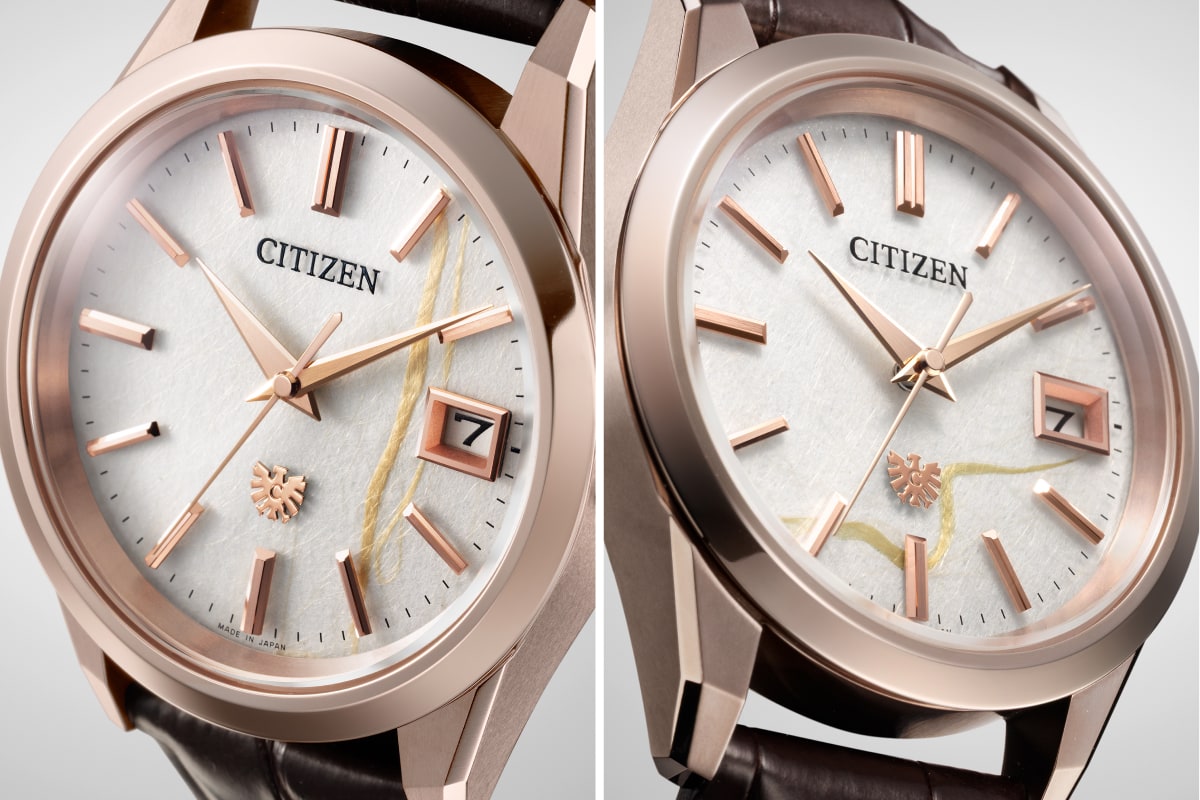 Two AQ4106-00B dials showing different gold-colored fiber patterns in white Unryushi paper