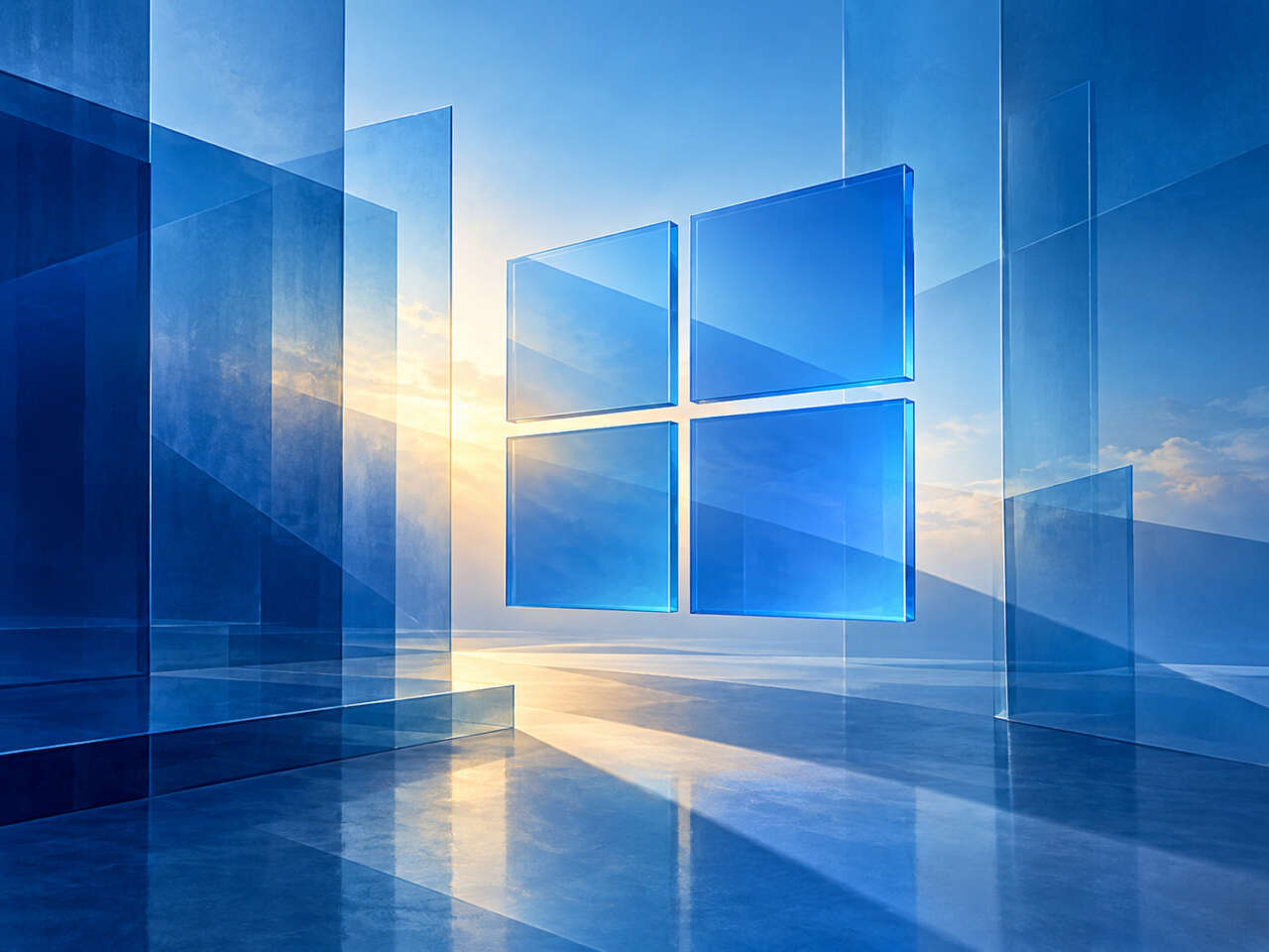 AI-generated editorial illustration of blue translucent window panes for Windows and Surface event coverage