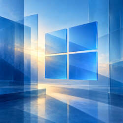AI-generated editorial illustration of blue translucent window panes for Windows and Surface event coverage