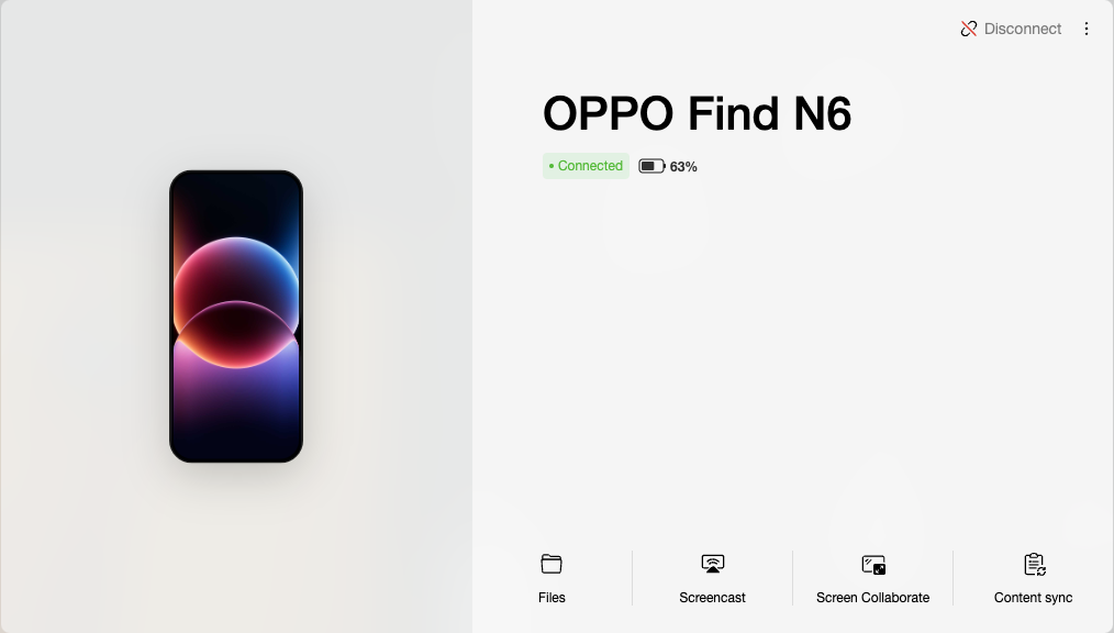 O+ Connect shows the OPPO Find N6 connected, with Files, Screencast, Screen Collaborate, and Content sync available.