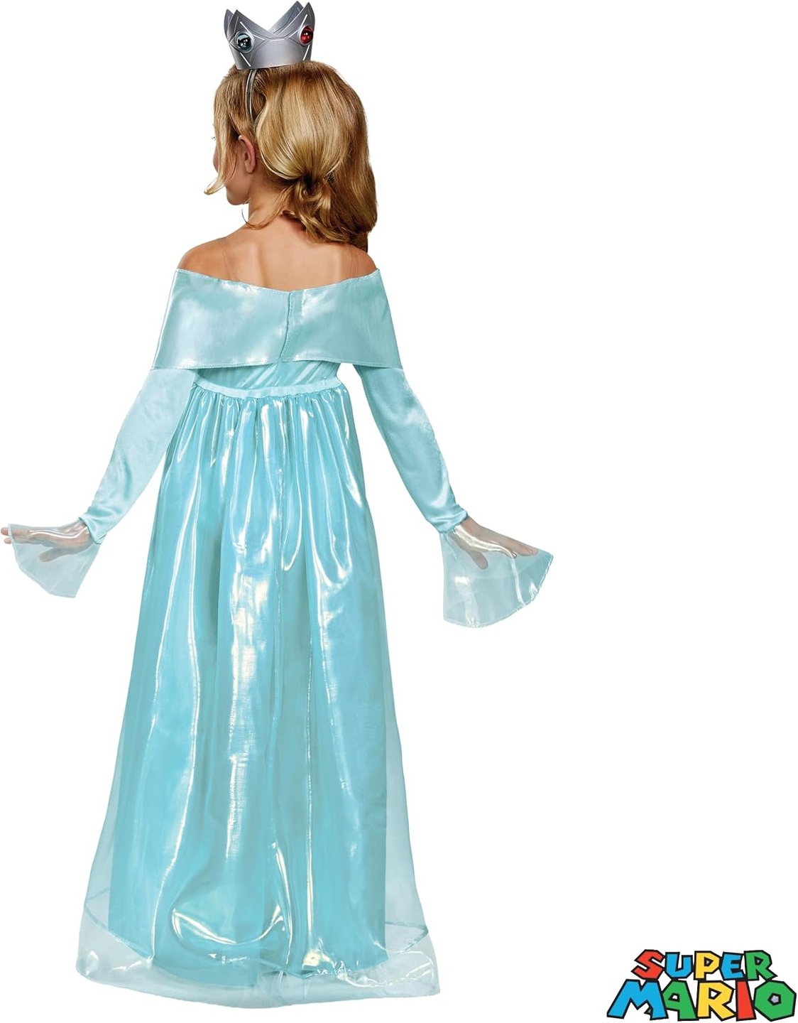 Back view of the light-blue Disguise Rosalina dress and crown on a catalog model.