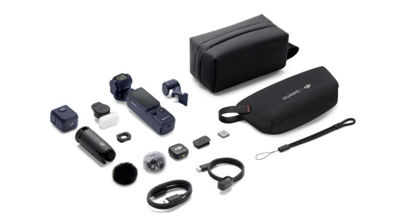 Huawei and DJI Osmo Pocket 4 with bags, cables, microphone accessories and supports