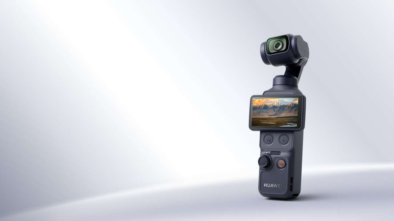 Huawei and DJI Osmo Pocket 4 gimbal camera with its screen rotated horizontally