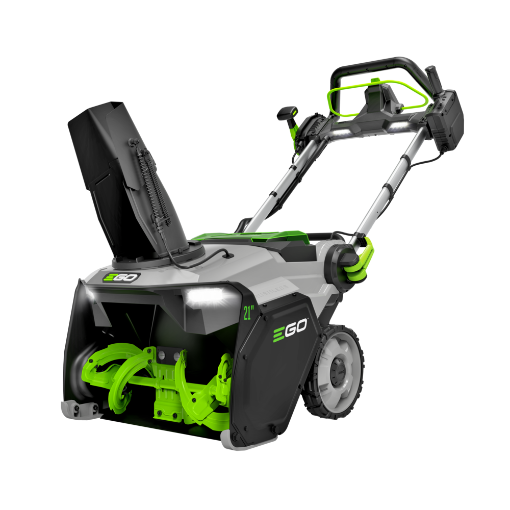 Official EGO SNT2134 snow blower product view showing the steel auger and handle controls