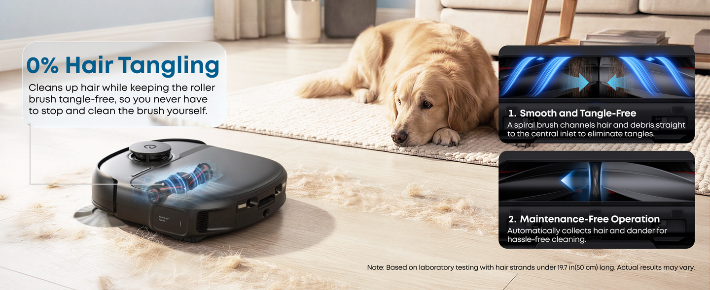 Official eufy Omni C28 illustration showing its DuoSpiral brush beneath the robot, with a dog on a rug nearby