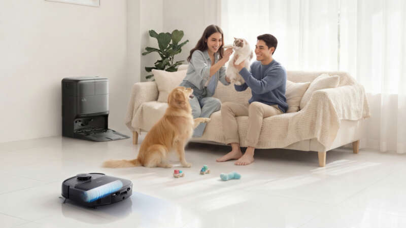 eufy Omni C28 robot and dock in a living room with a family and pets