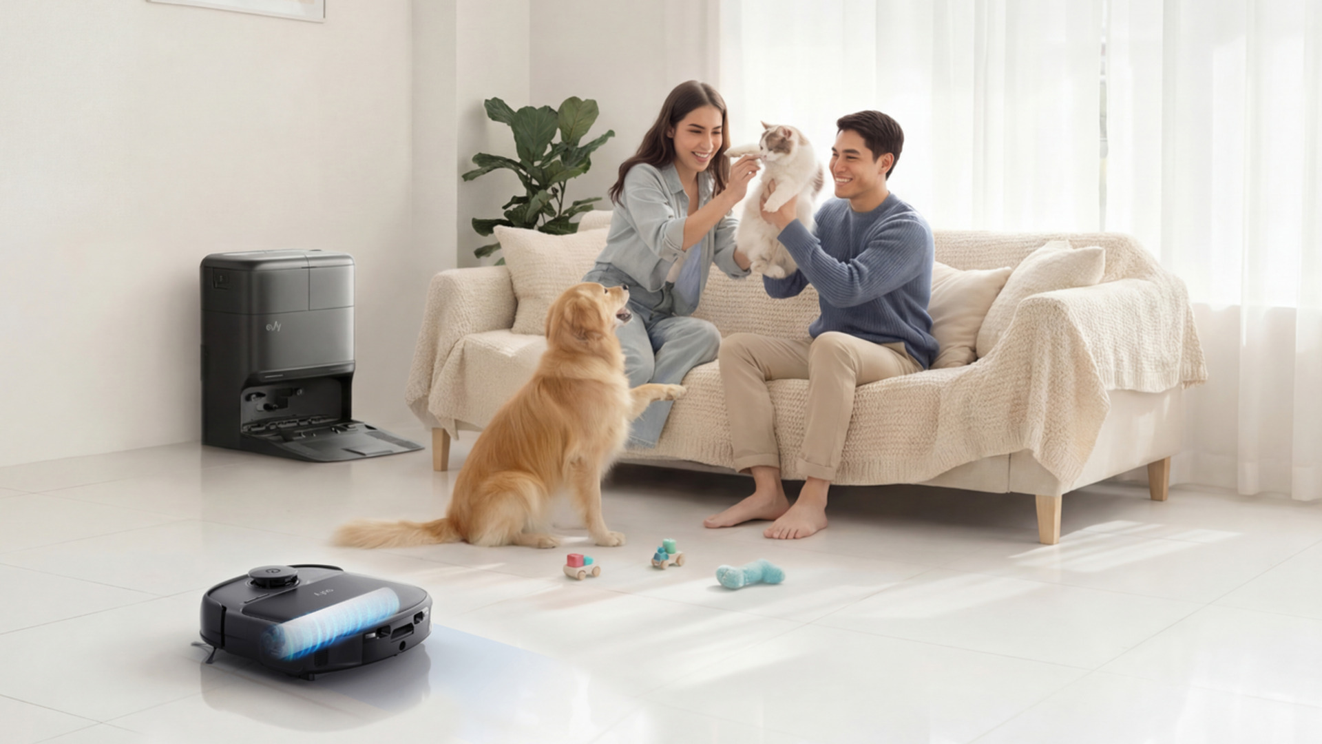eufy Omni C28 robot and dock in a living room with a family and pets