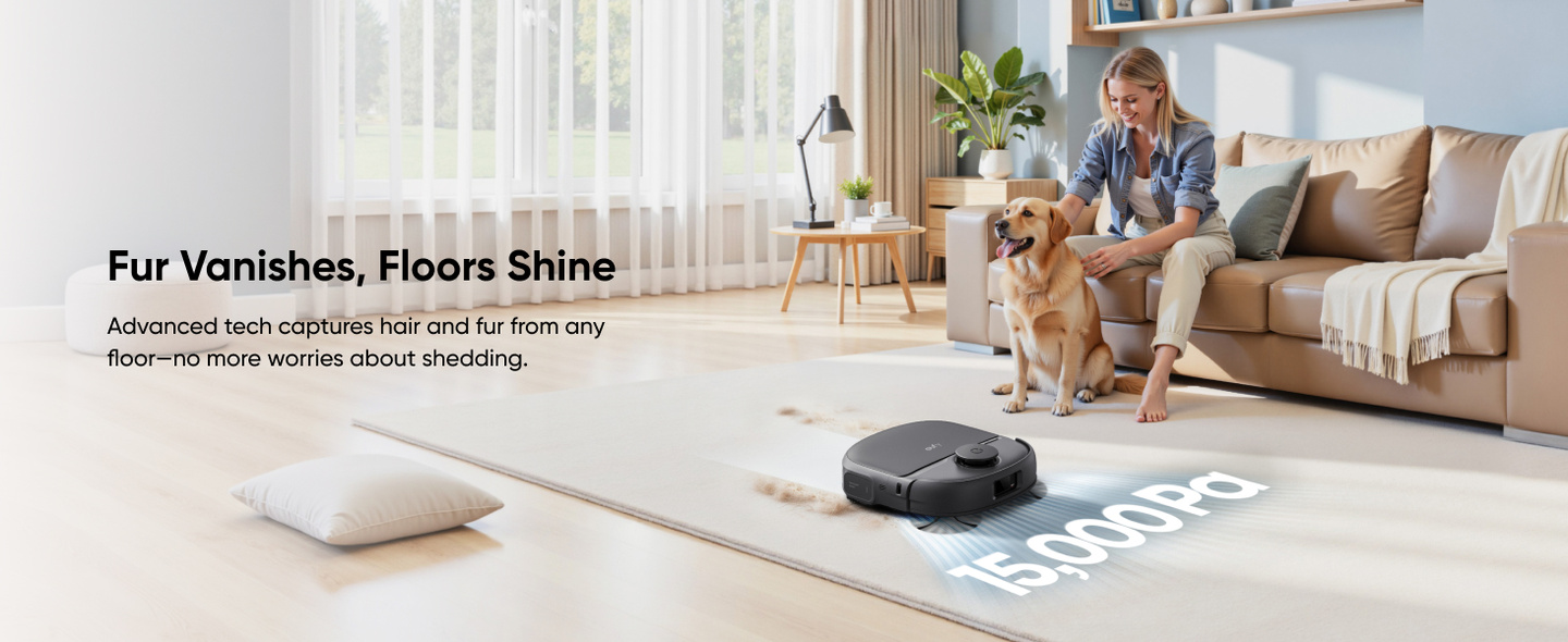 Black eufy Omni C28 cleaning beside a rug in an official living-room product illustration