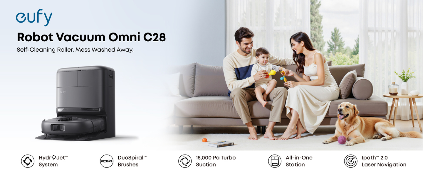 Black eufy Omni C28 robot vacuum and all-in-one station in an official product graphic