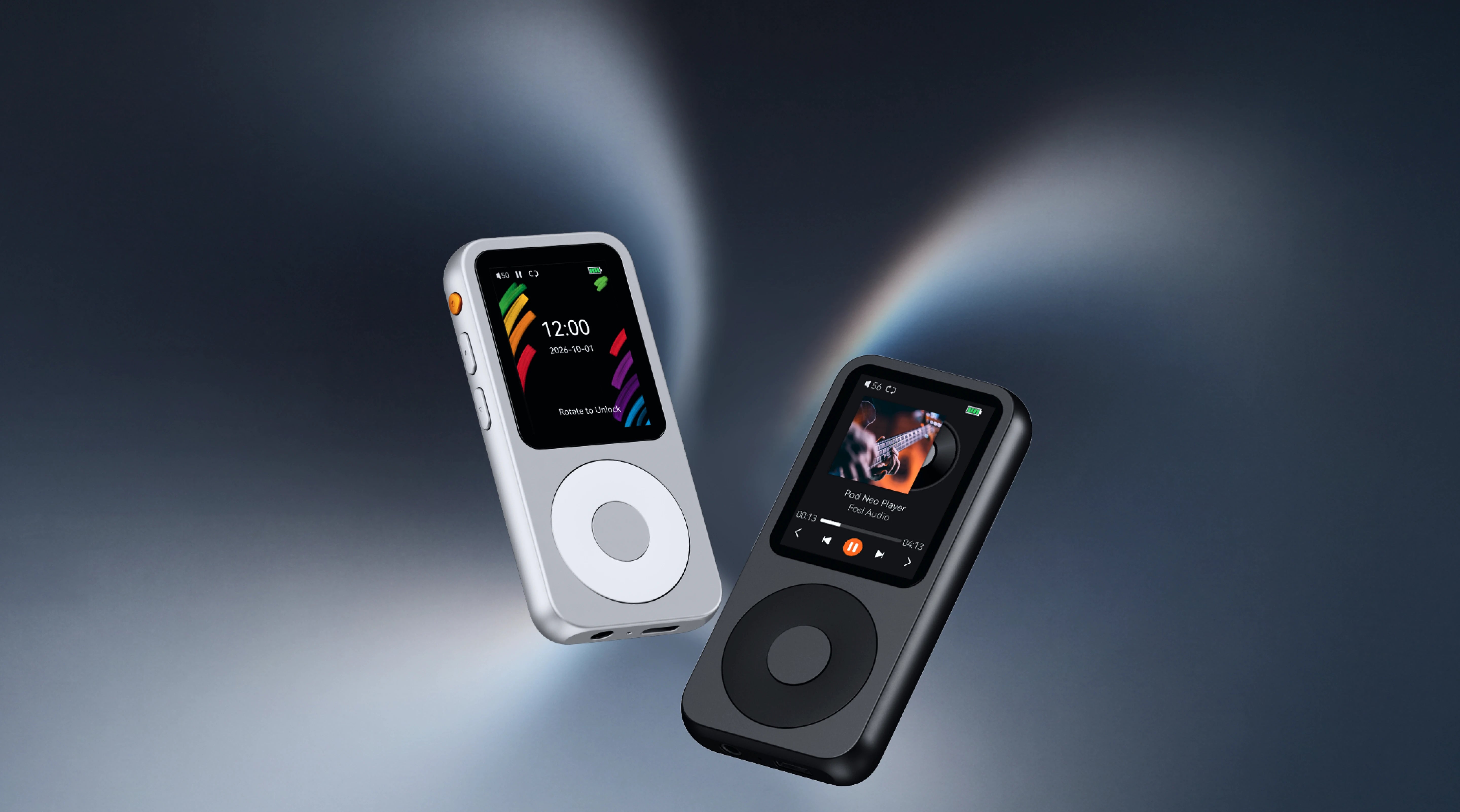 Fosi DAP Neo players in Galaxy and Obsidian finishes showing their front controls
