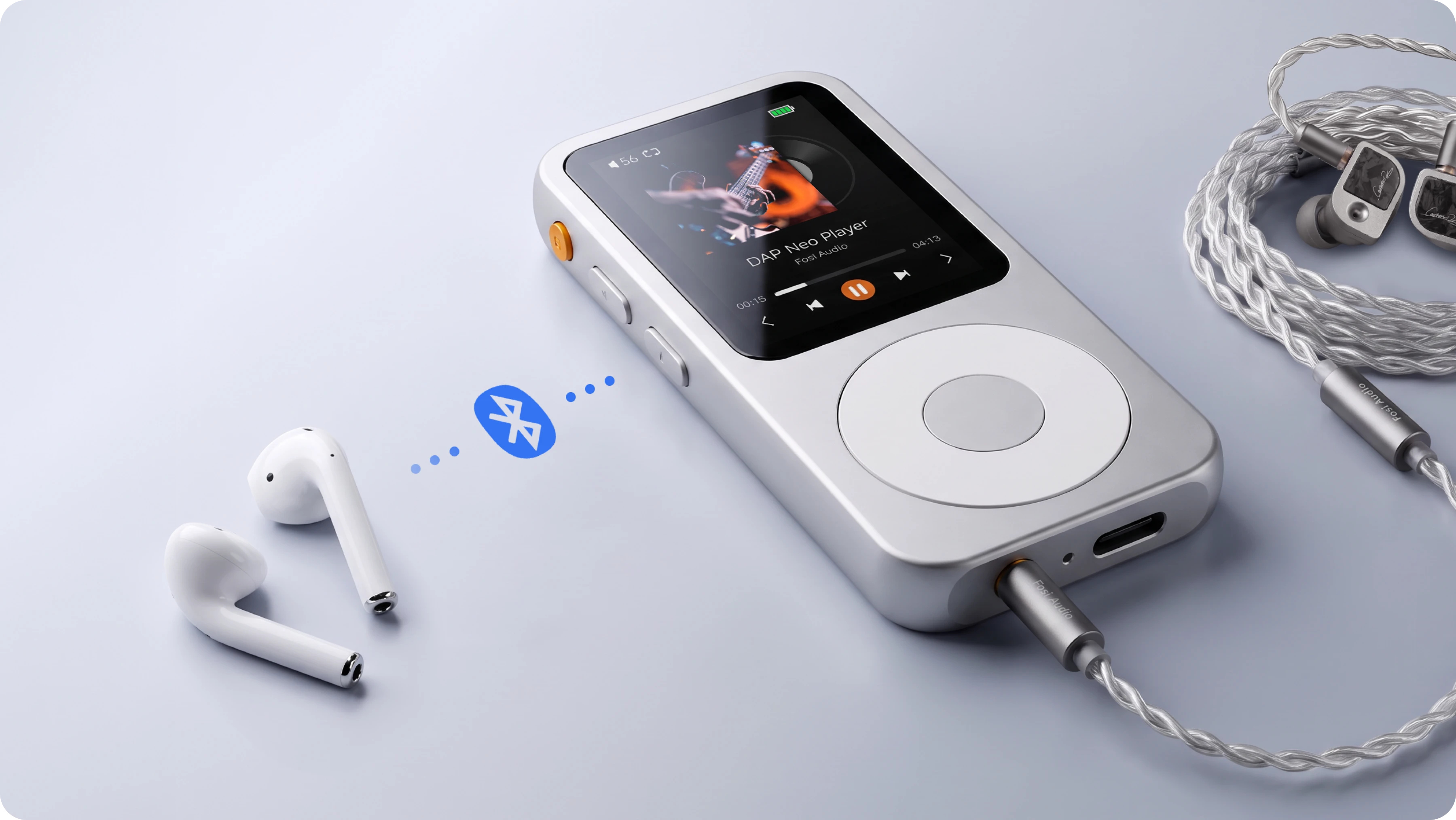 Fosi illustration of the DAP Neo headphone jack and Bluetooth listening options