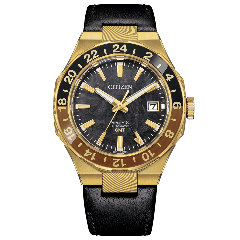 Citizen Series 8 NB6092-01E with a forged-carbon dial, gold-colored Damascus-steel case components and black leather strap