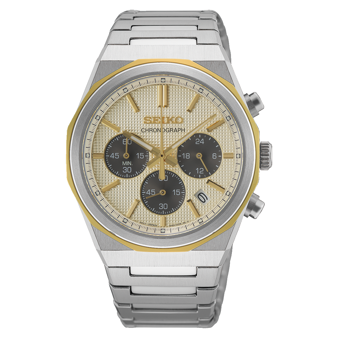 Seiko HGK001 quartz chronograph with gold-tone dial details and a stainless-steel bracelet