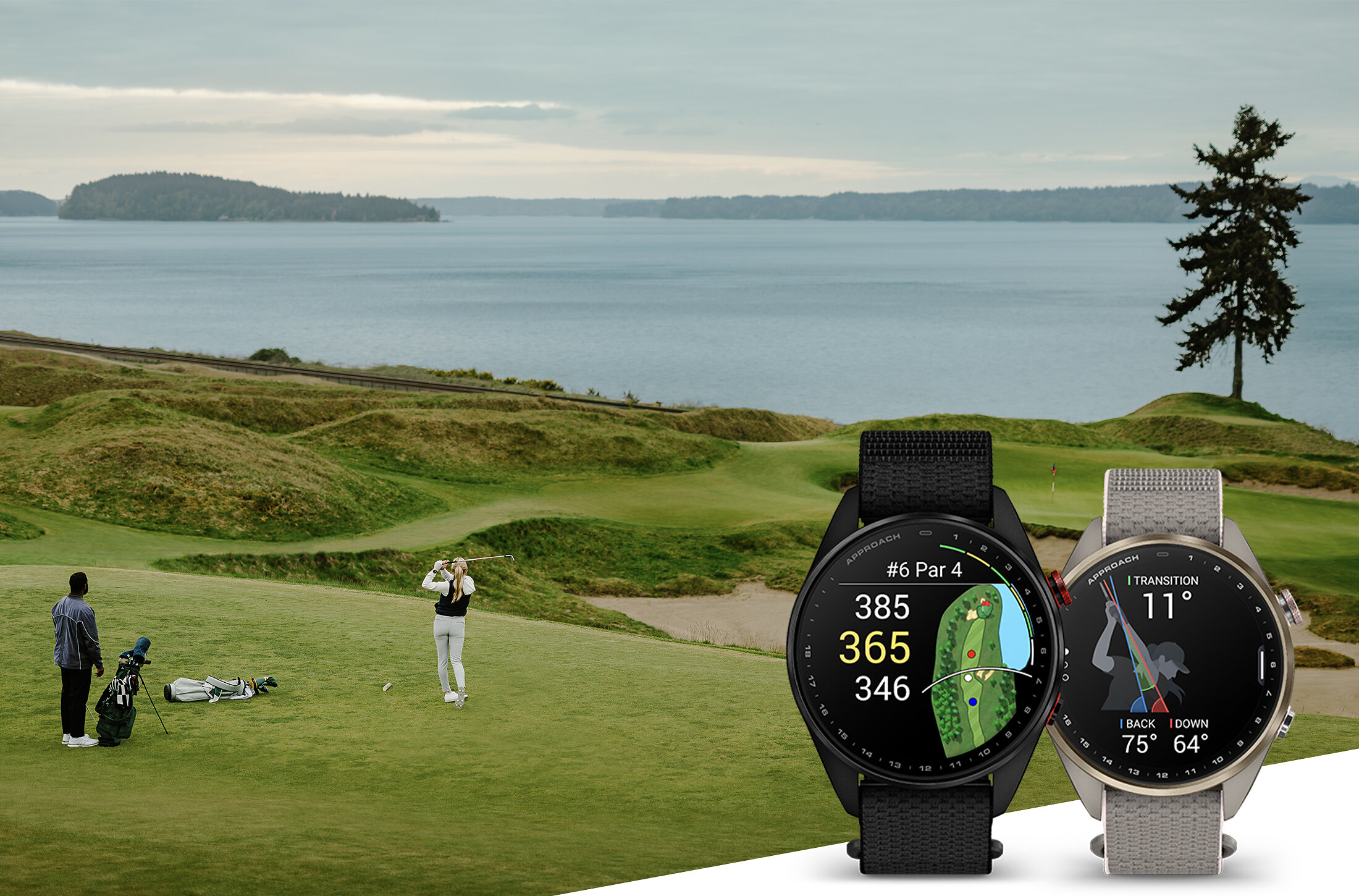 Garmin Approach S72 watches against a golf-course setting.