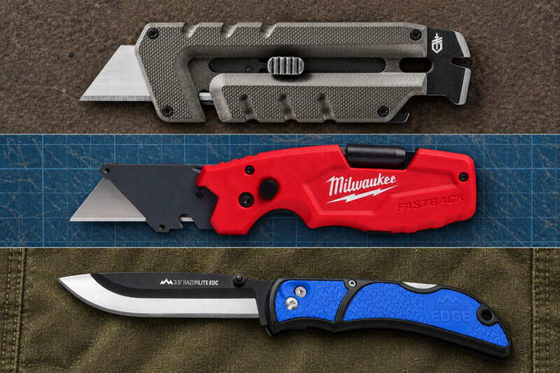 Gerber Prybrid, Milwaukee FASTBACK and Outdoor Edge RazorLite shown in separate comparison panels