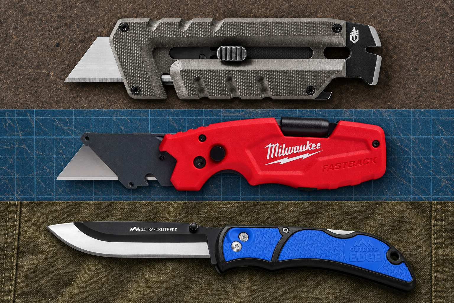 Gerber Prybrid, Milwaukee FASTBACK and Outdoor Edge RazorLite shown in separate comparison panels