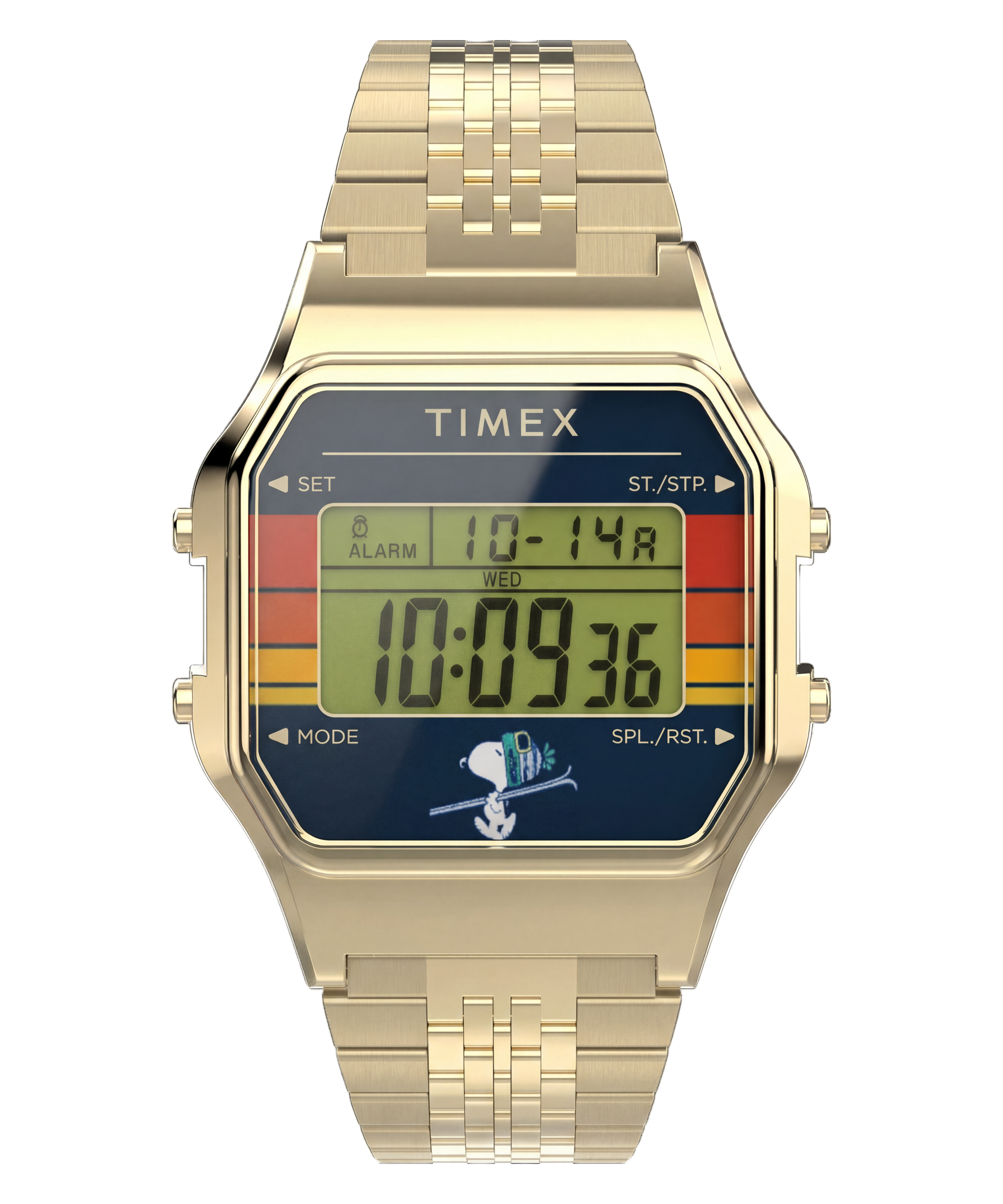 Gold-tone Timex T80 Snoopy Ski watch with striped face and stainless-steel bracelet