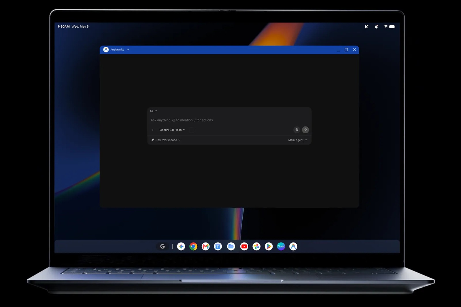 Googlebook laptop displaying the Antigravity interface in Google's official image.