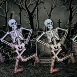 Four paper-style skeletons dancing in an illustrated graveyard