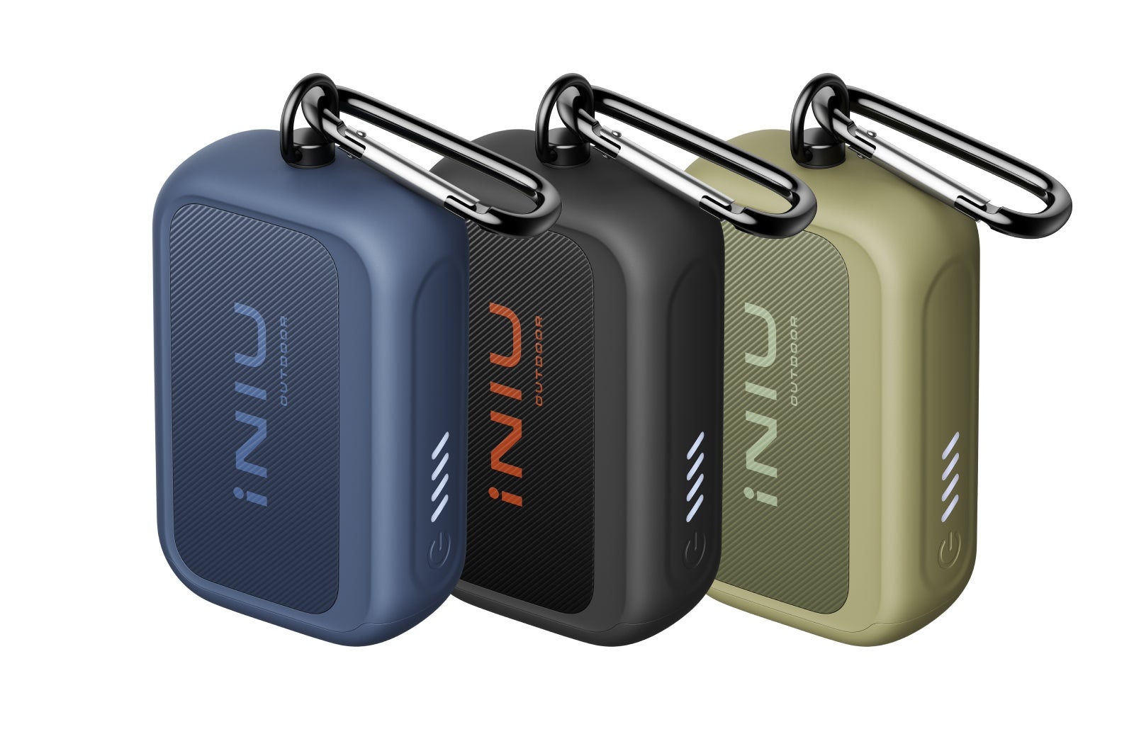 INIU Outdoor Rugged 10000 in Nightfall Blue, Basalt Black and Ranger Green, each with a carabiner.
