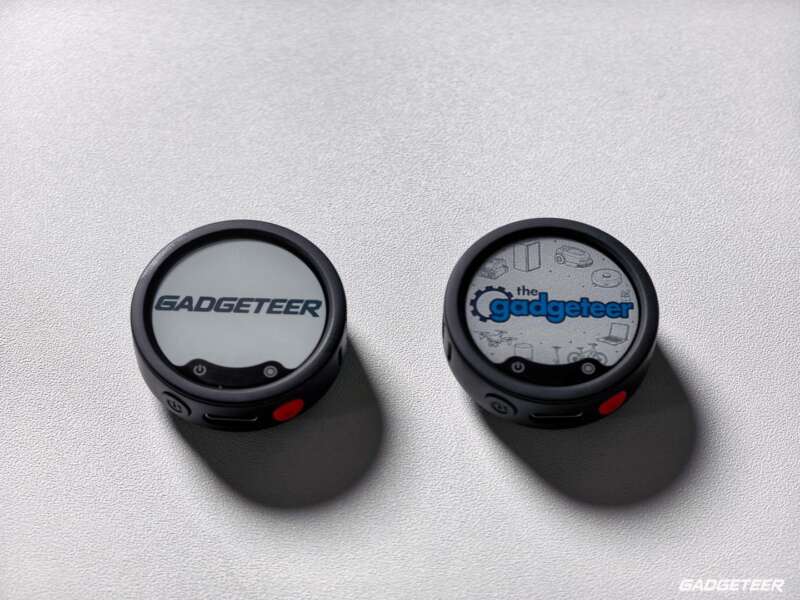 Two Insta360 Mic Pro transmitters with customized displays