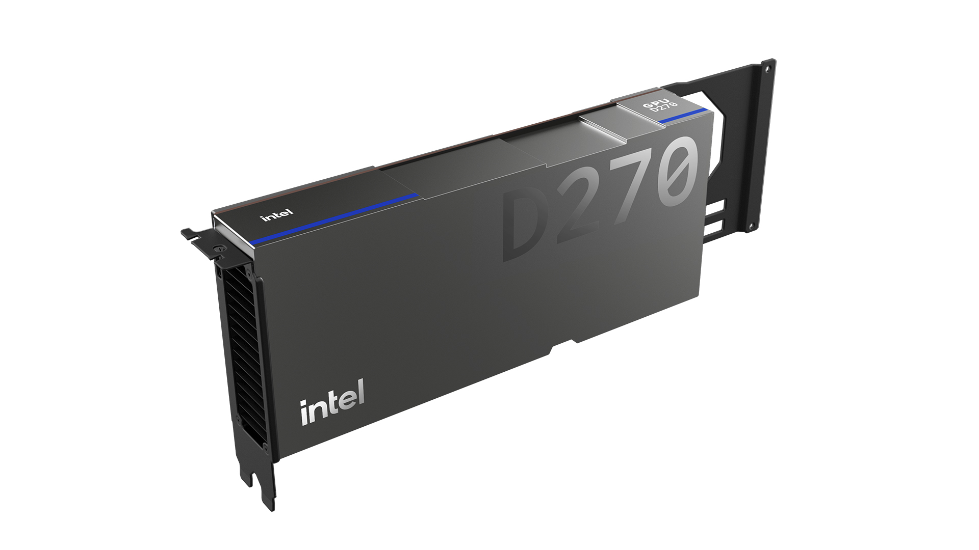 Intel GPU D270 PCIe accelerator card with a black passive-cooling enclosure on a white background.