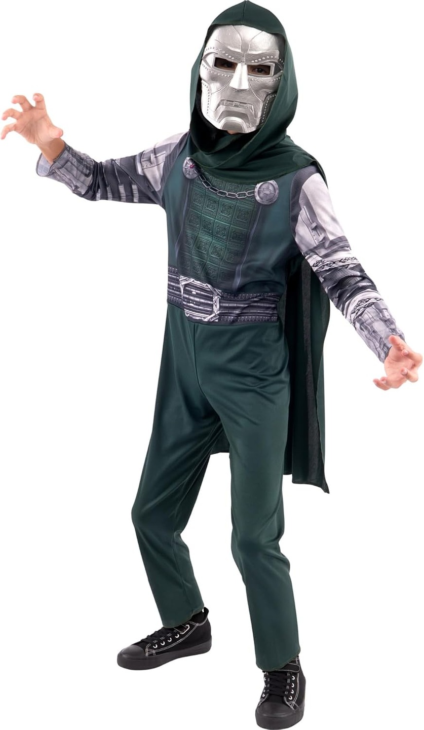 Catalog model wearing the green-and-silver Jazwares Doctor Doom youth costume and silver-colored mask.