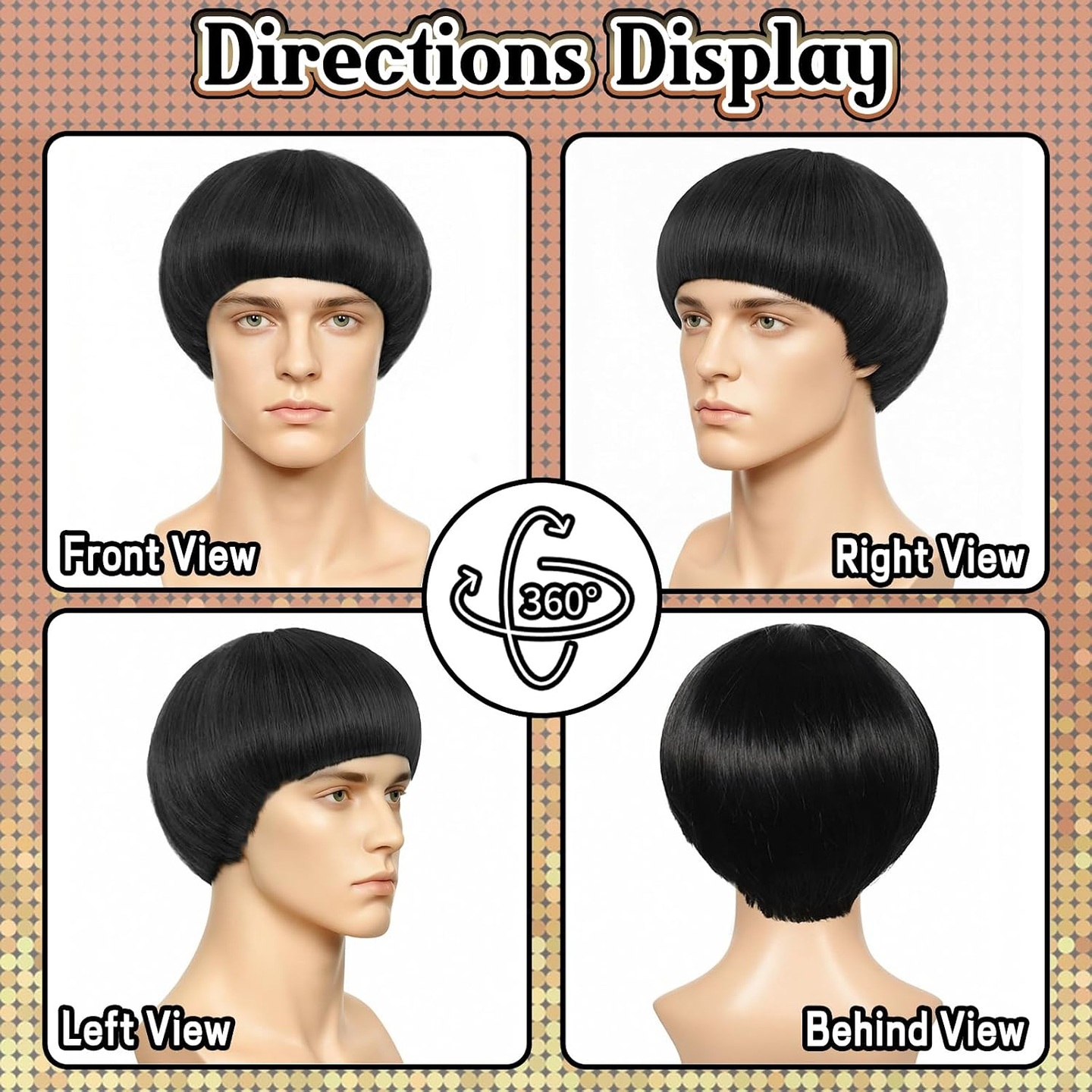 JoneTing catalog panel showing the black bowl-cut wig from the front, both sides and back.