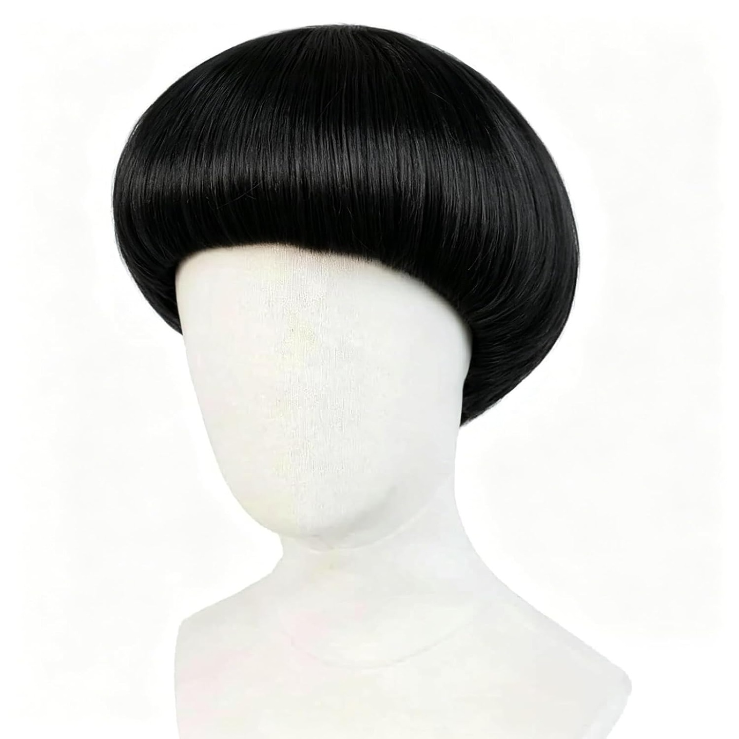 JoneTing short black bowl-cut wig displayed on a white mannequin head.