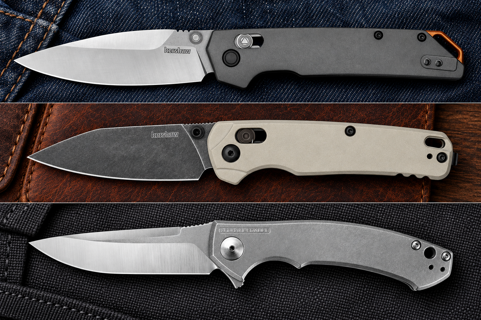 Kershaw Iridium, Kershaw Bel Air and Zero Tolerance 0450 in three separate comparison panels