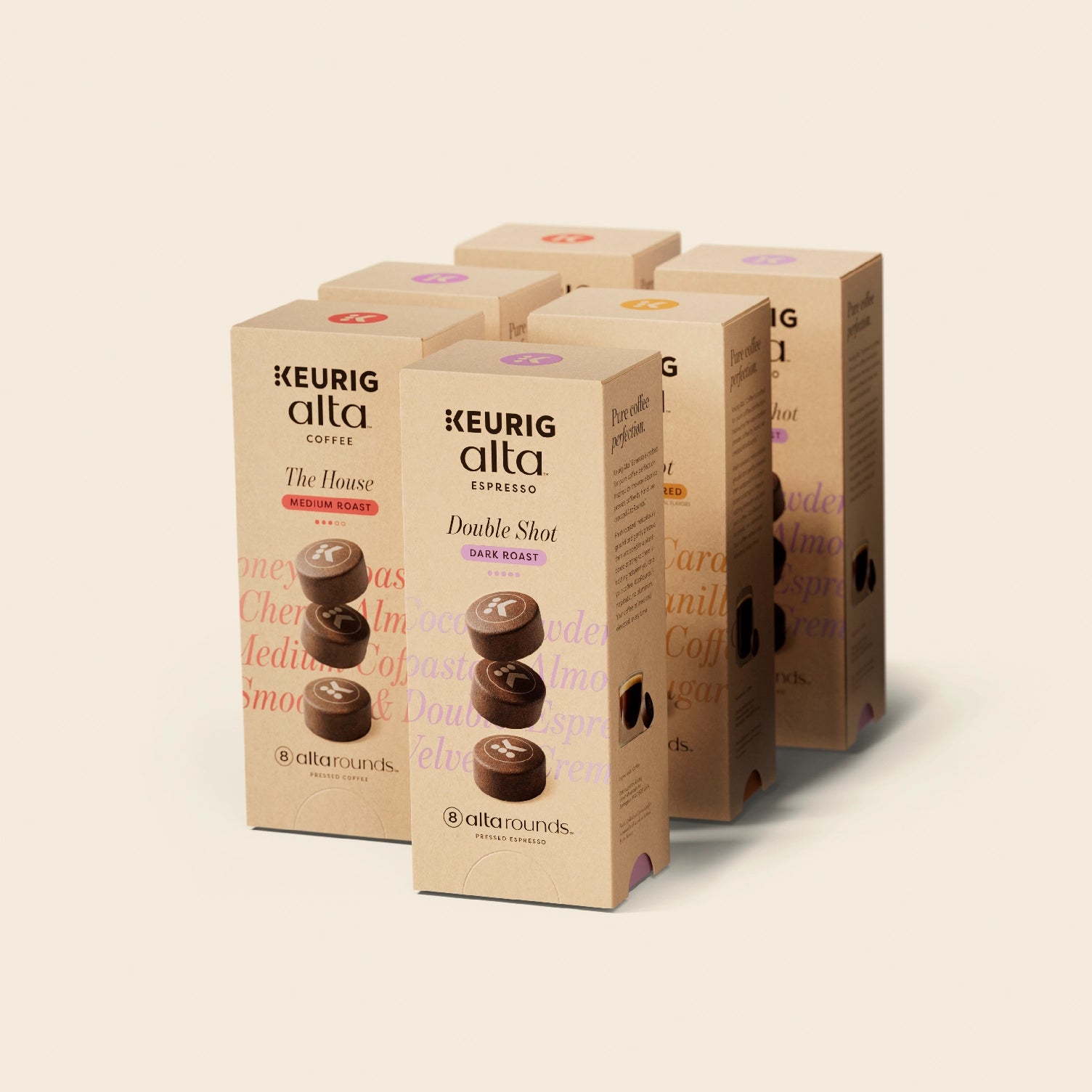Six eight-count boxes of Keurig AltaRounds included in the early-access bundle.